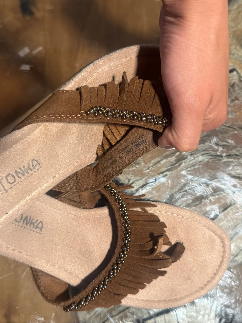 Minnetonka Fringe Beaded Sandals